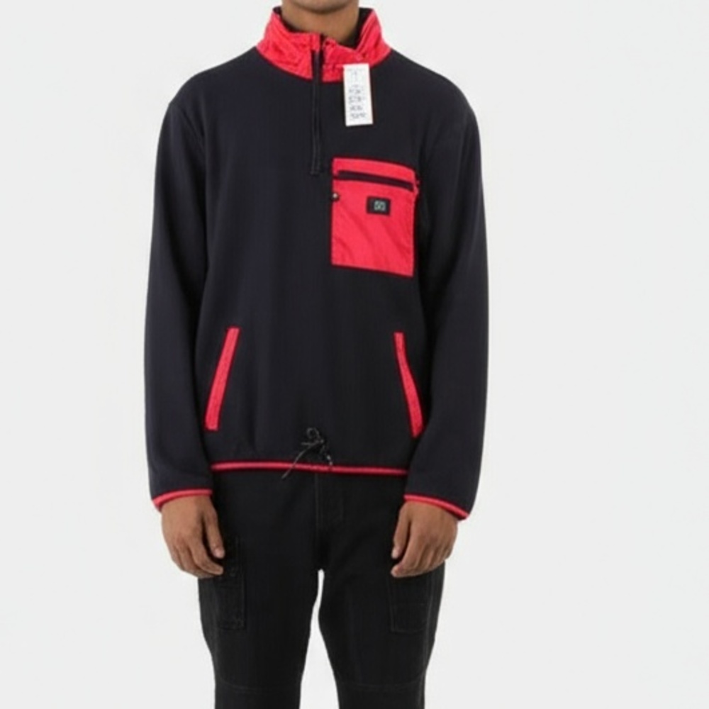 NWT Vans Mens Pullover Sml Black Red Half-Zip Fleece Chest Pocket Sporty Casual